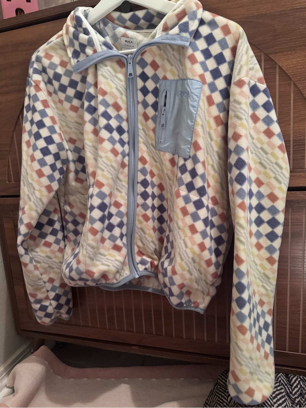 RVCA Pastel Diamond Fleece Jacket in Cream and Light Blue Accents